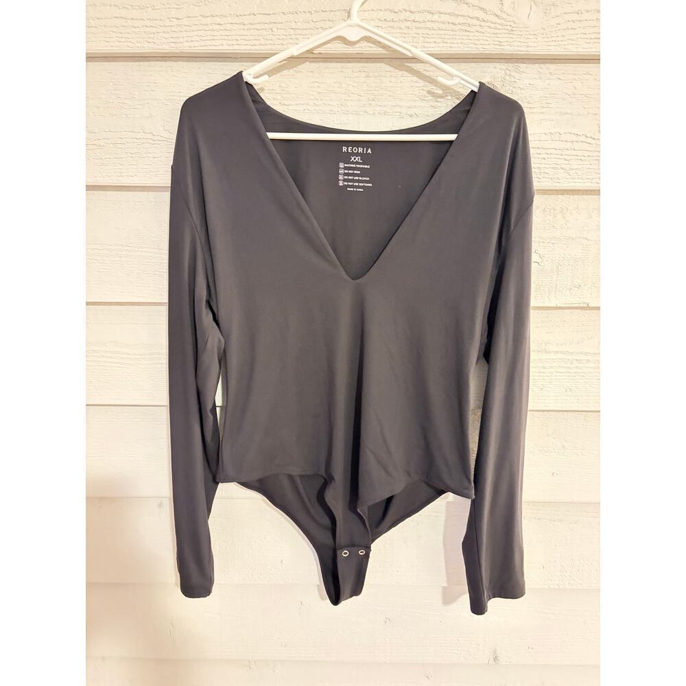 Reoria Black Long Sleeve Deep V-Neck Bodysuit XXL Stretchy Minimalist - Picture 2 of 7